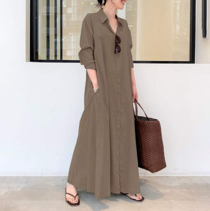 Solid Color Lapel Long Sleeve Pocket Simple Loose Dress