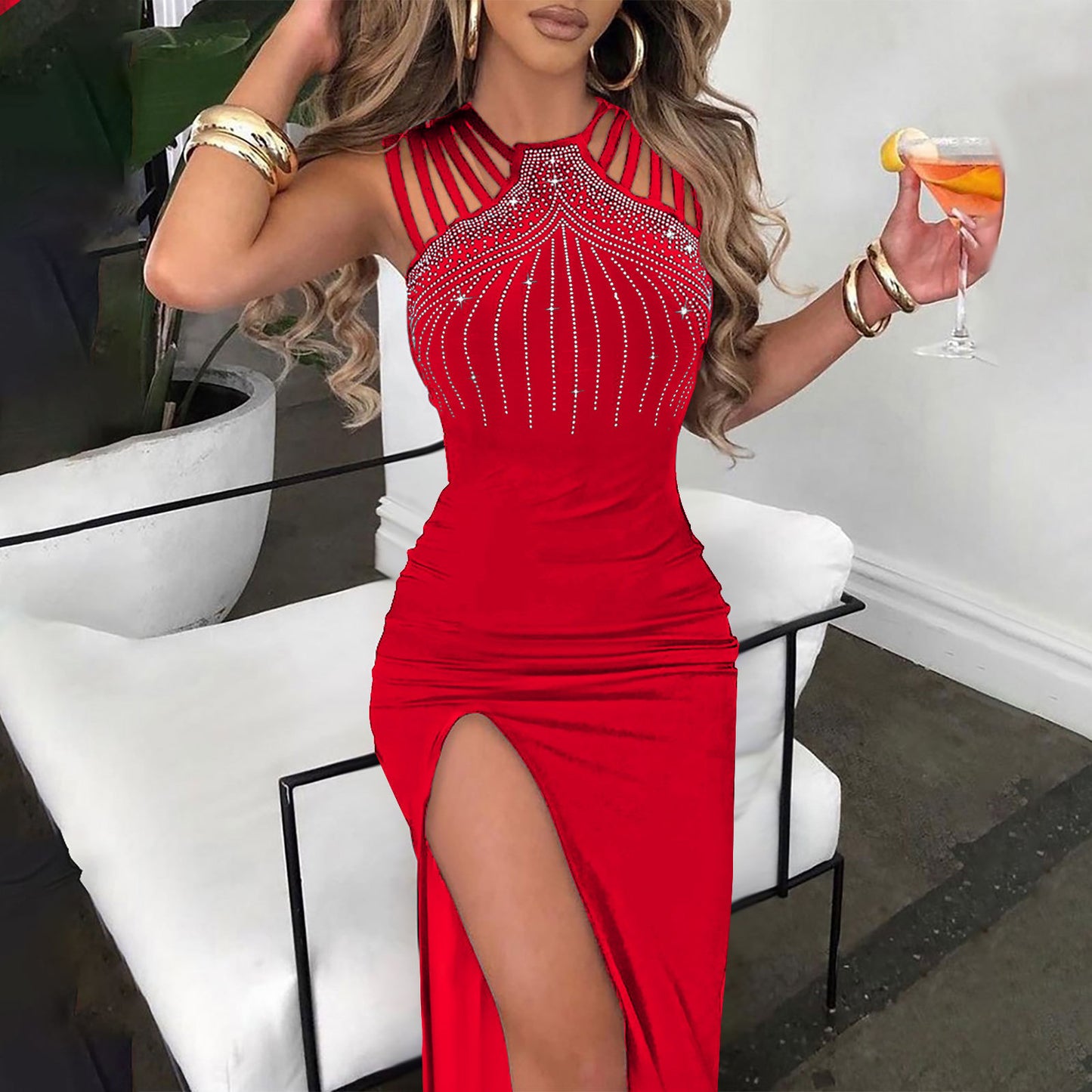 Women's Elegant Rhinestone Split Sheath Nightclub Dinner Dress