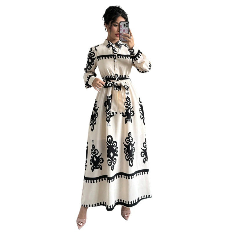 Printed Lace Up Shirt Long Sleeve Dress