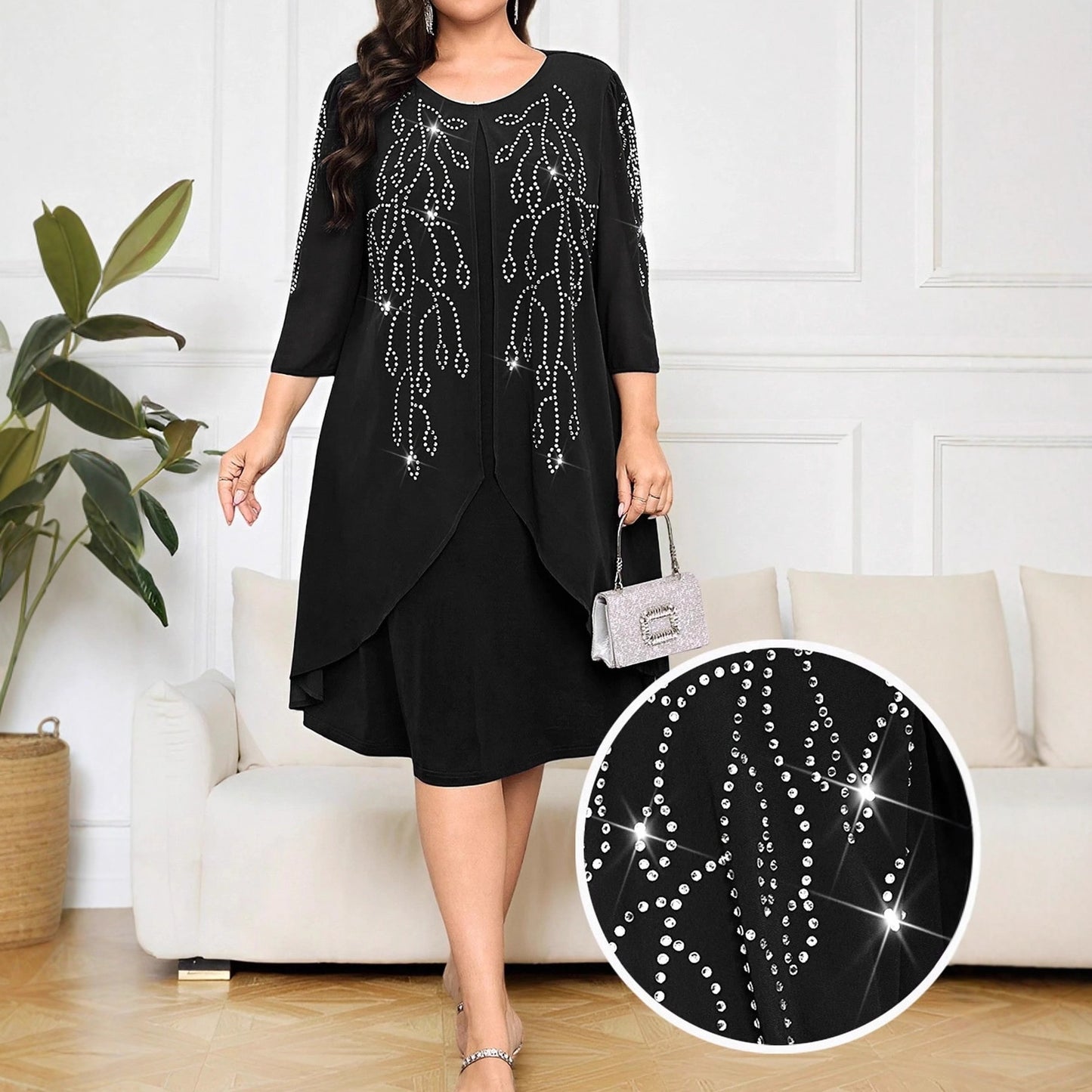 Women's Half Sleeve Rhinestone Temperament Commute Pullover Fake Dress