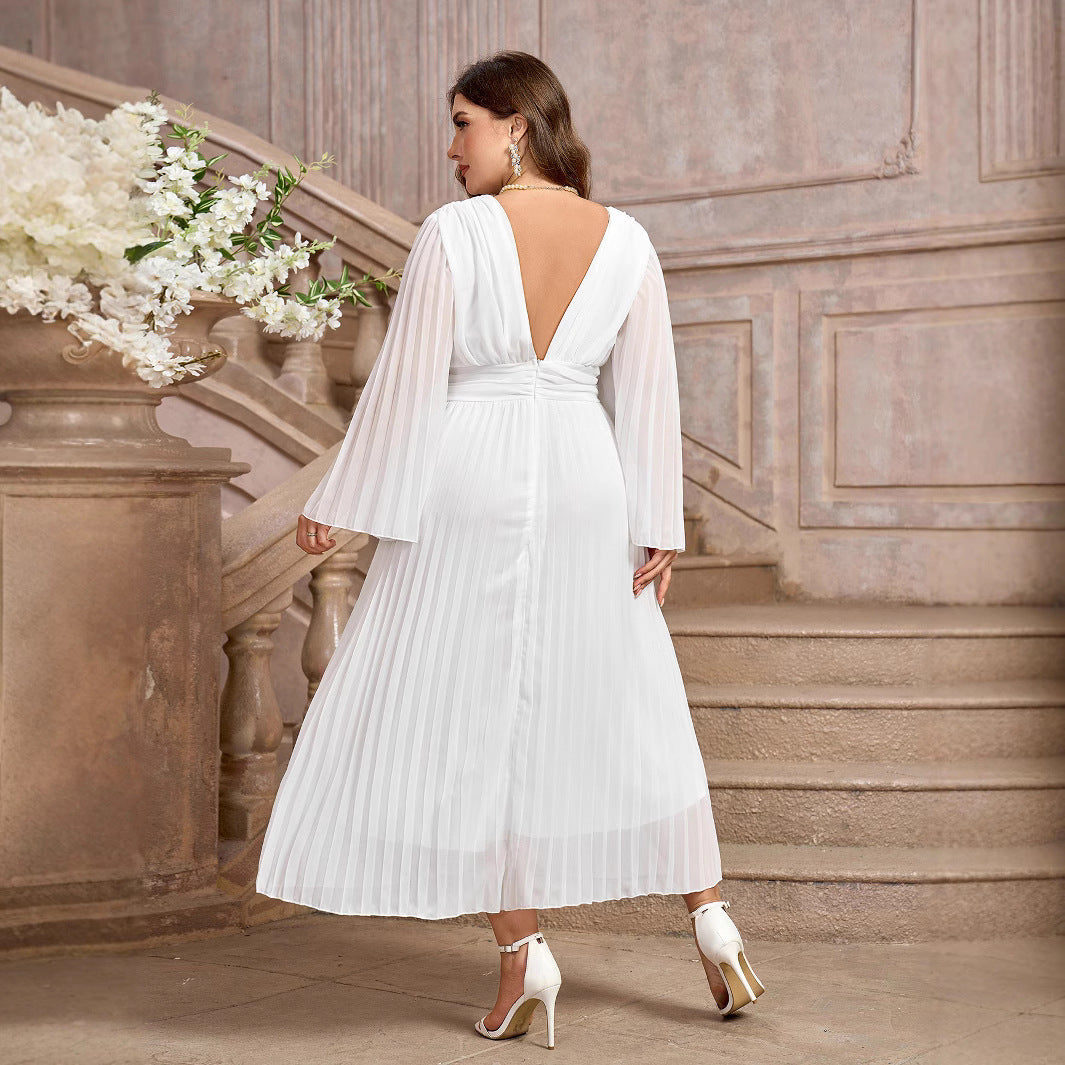 Women's Dress Sexy Pleated Long Sleeve Chiffon Plus Size