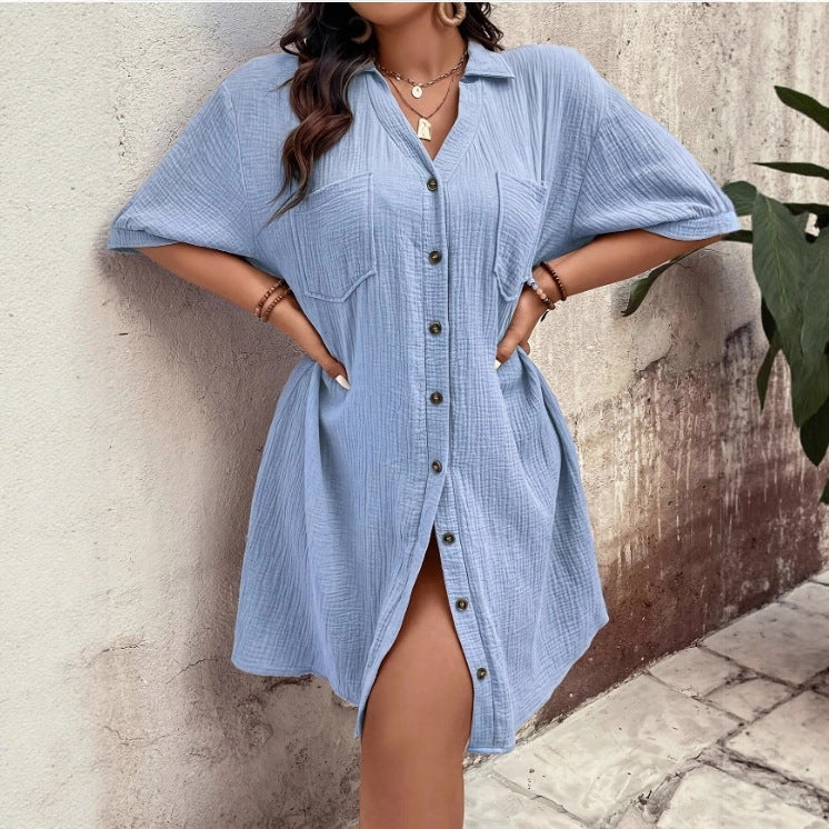 Cotton Linen Lapel With Buttons Solid Dress