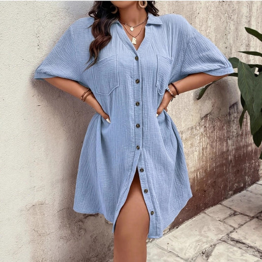 Cotton Linen Lapel With Buttons Solid Dress