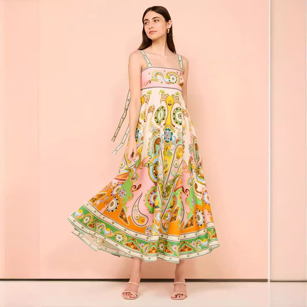 Women's Sexy Strap Iti Linen Printed Large Dress