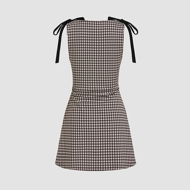 White Plaid Round Neck Pleated Bow Sleeveless Dresses