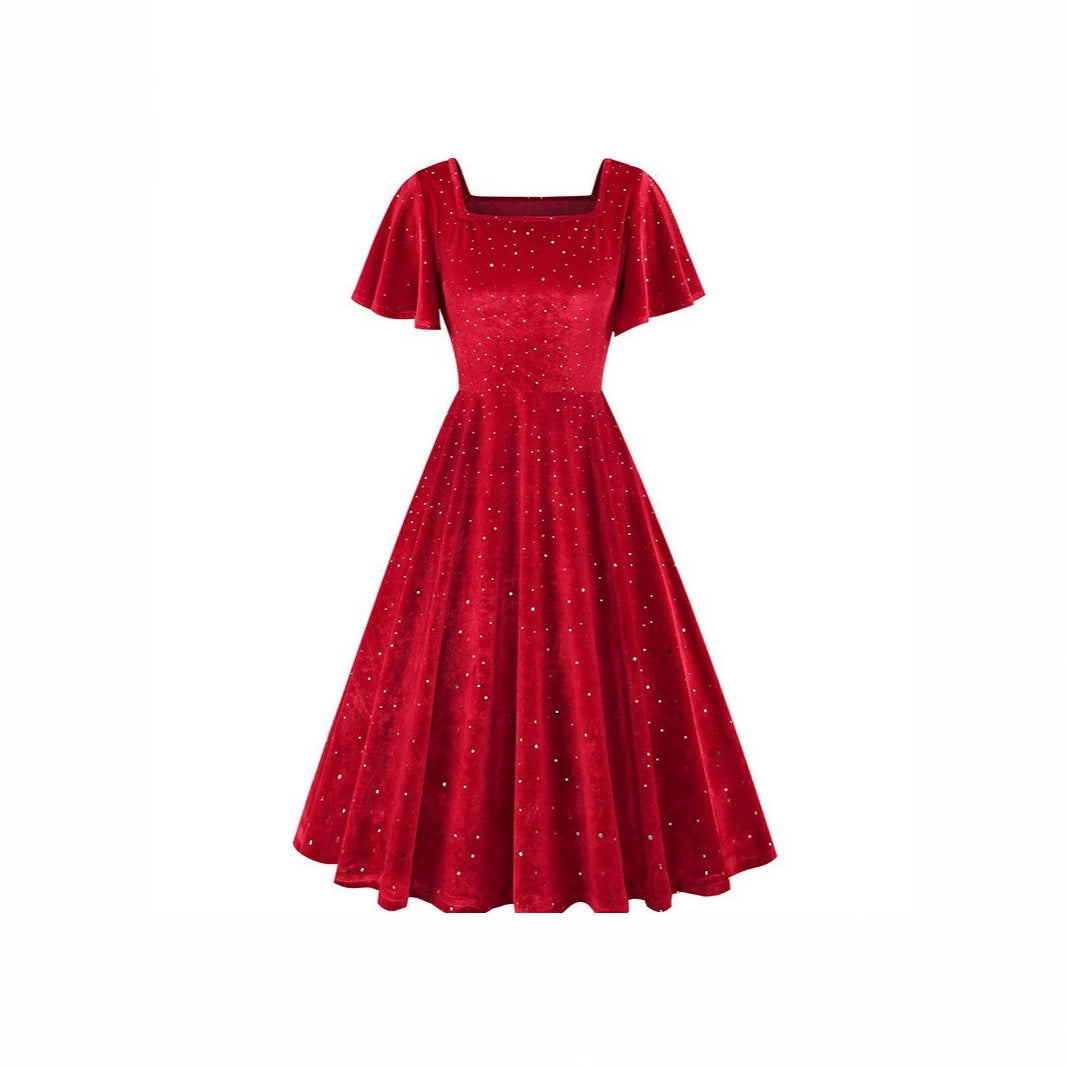 Floating Sleeve Bronzing Veet Retro Dress Dresses
