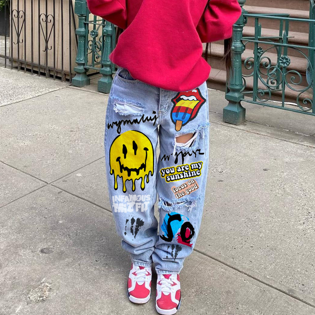 Women's Smiley Printed Ripped Street Skateboarding Style Jeans