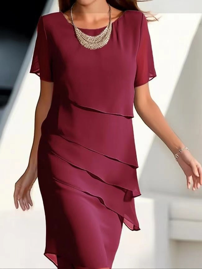 Women's Solid Color Sleeve Glitter Ruffles Crew Neck Dress