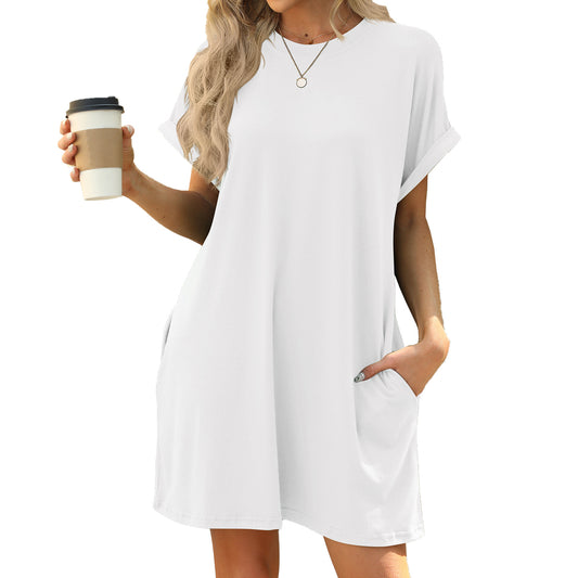 Solid Color Round Neck Pocket Loose Dresses
