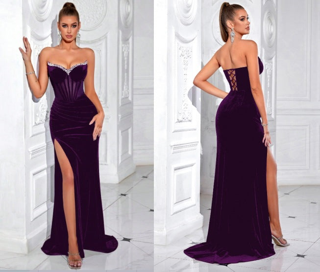 Pure Color Split Diamond Queen Temperament Dress