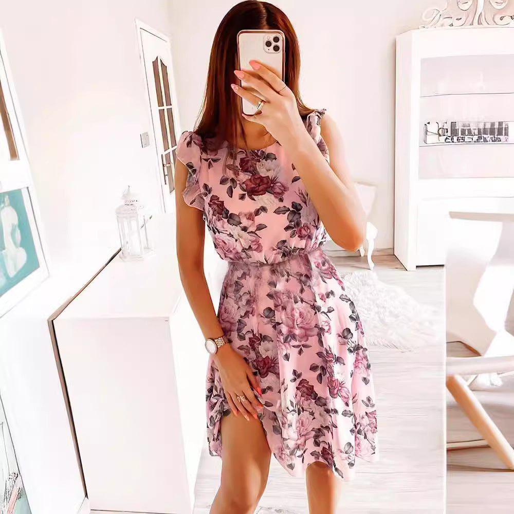 Holiday Style Ruffled Sleeves Chiffon Printed Dresses