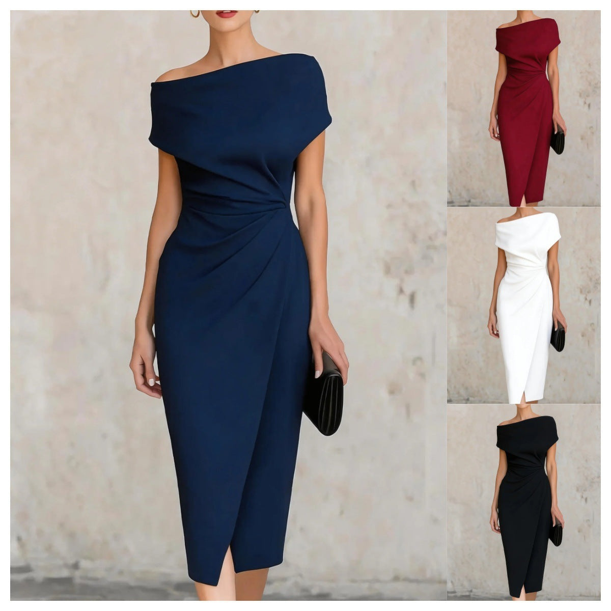 Women's Fitted Waist Pleated Banquet Commuter Split Dress