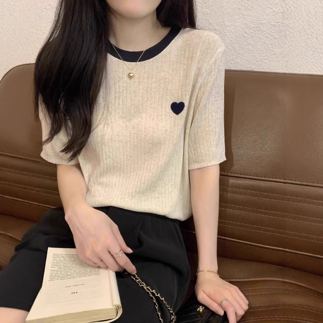 Women's Summer French Style Loose Contrast Color Love Embroidered Knitwear