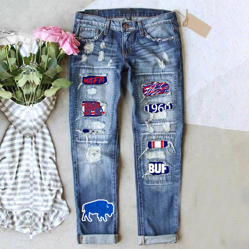 Women's Street Printing Ripped Straight Denim Trousers Jeans