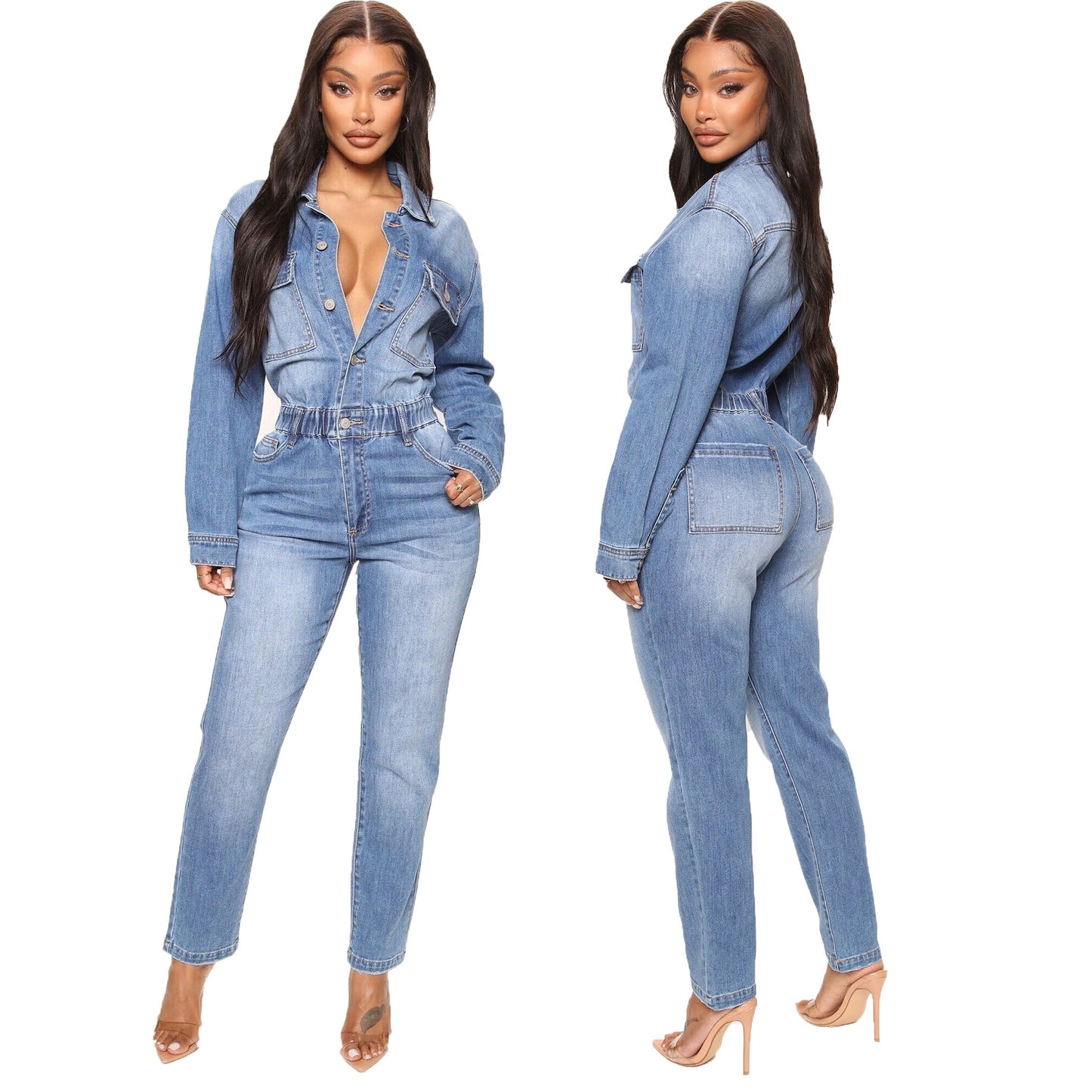 Women's Washed Fashionable Long Sleeve Overall Jumpsuits