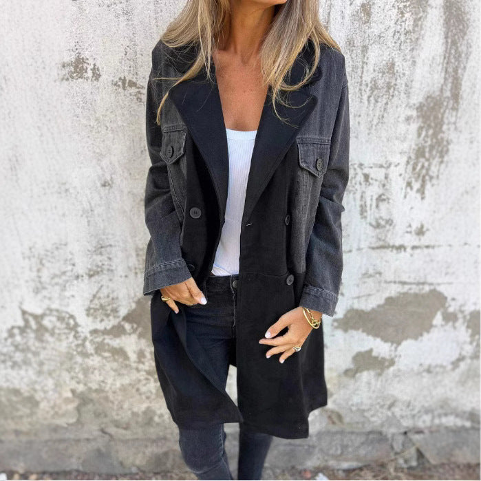 Women's Fashion Tailored Collar Denim Stitching Mid-length Jackets