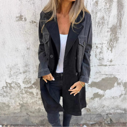 Women's Fashion Tailored Collar Denim Stitching Mid-length Jackets