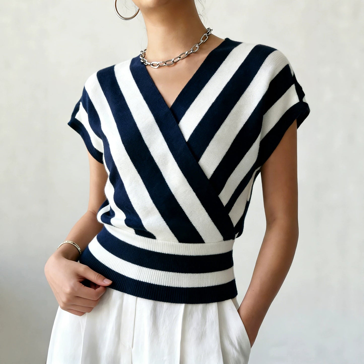 Women's Striped Cross Collar Waist Design Daily Sweaters