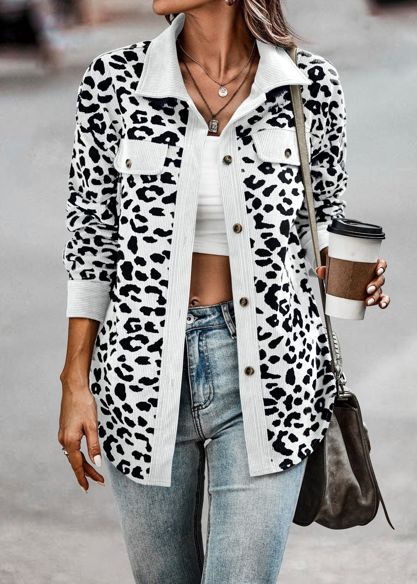 Women's Fashion Leopard Print Button Long Sleeve Coats