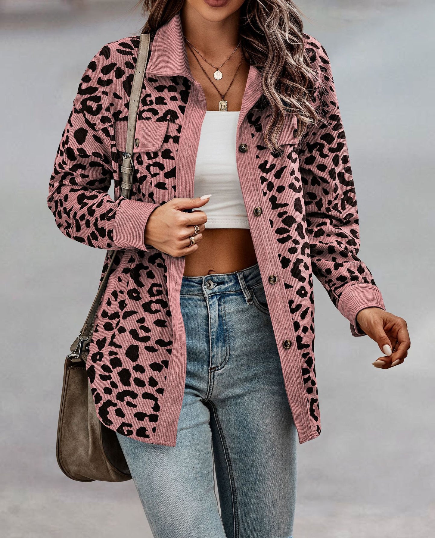 Women's Fashion Leopard Print Button Long Sleeve Coats