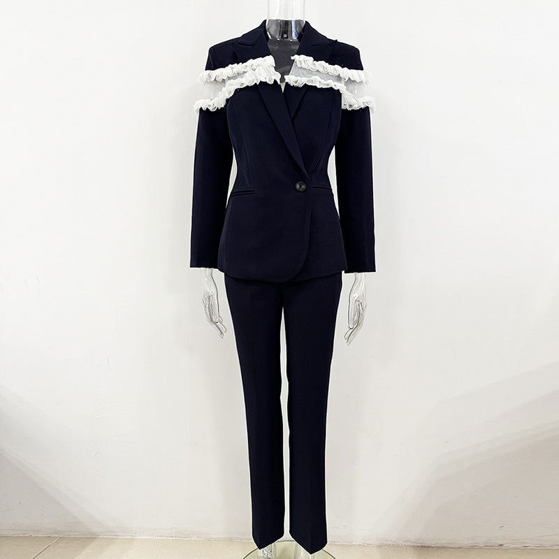 Temperament Mesh Stitching Trousers Two-piece Set Fashion Casual Suit