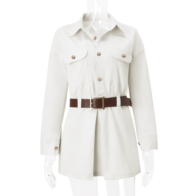 Cover Pocket Design Belt Long Sleeves Dresses