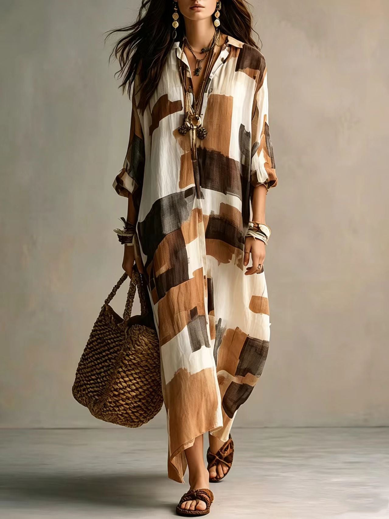 Women's Summer Geometric Printed Shirt Long Casual Vacation Style Dress