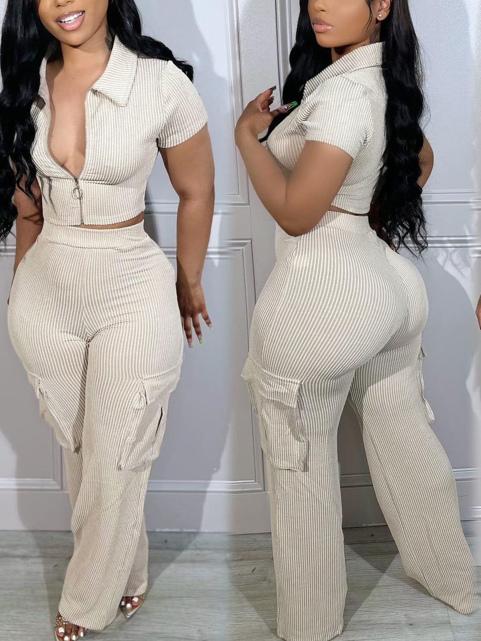 Zipper Trousers Casual Solid Color Two-piece Suits
