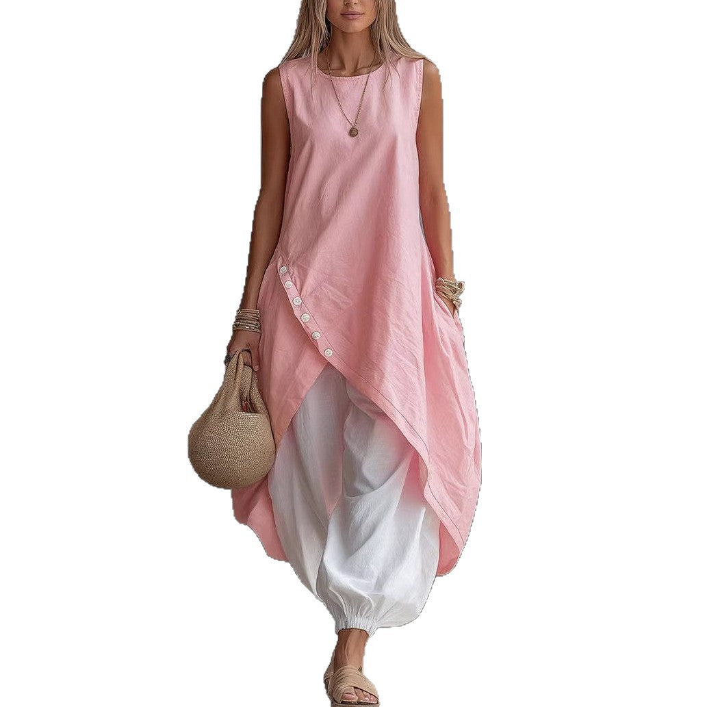 Solid Color Sleeveless Loose Pocket Midi Fashion Casual Suit