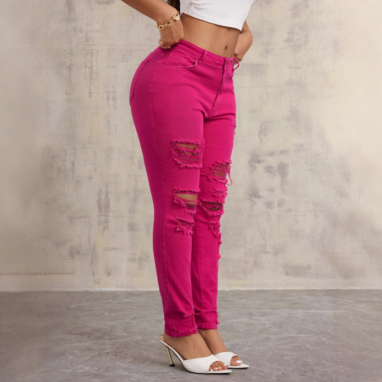 Women's Ripped Slim Fit Pencil Medium Elastic Straight Jeans