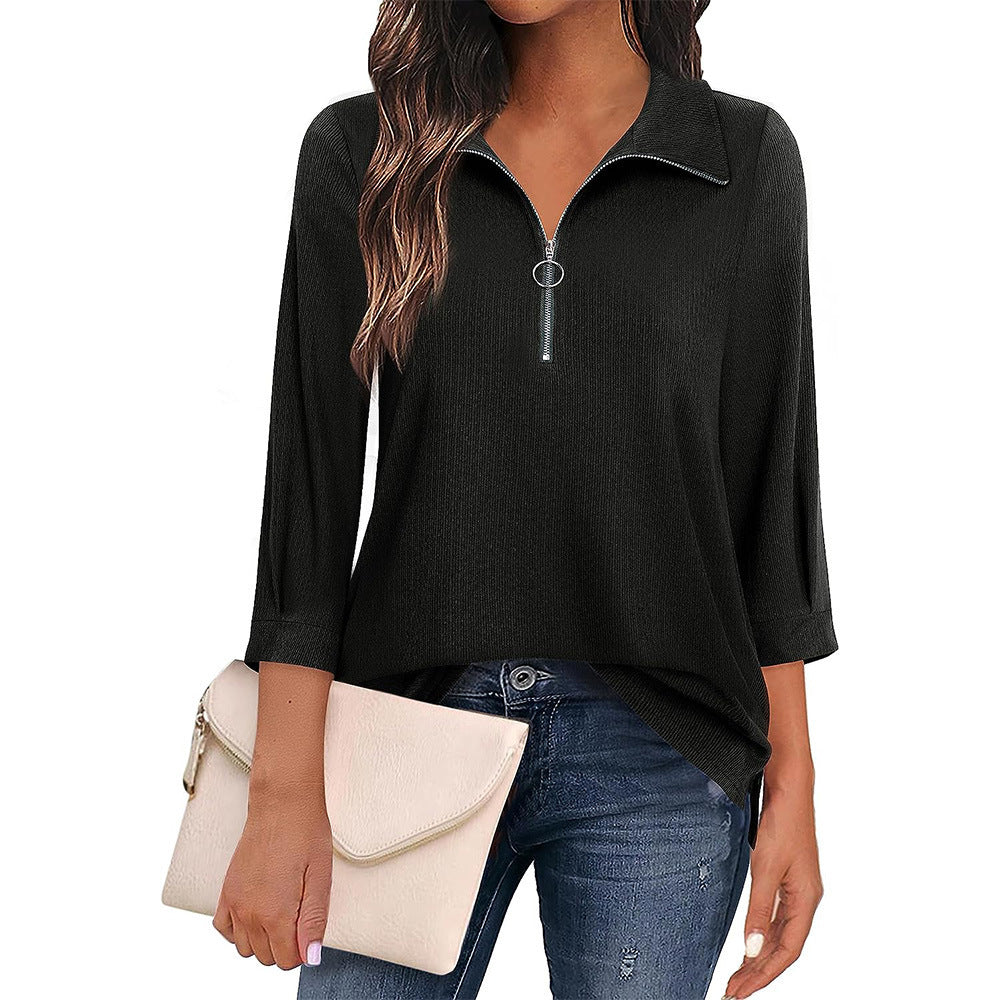Women's Cool Three-quarter Sleeve Zipper T-shirt Blouses