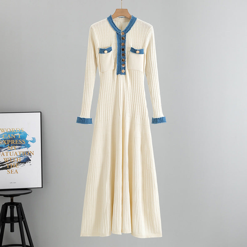 Women's Elegant Denim Stitching Contrast Color Long Dresses