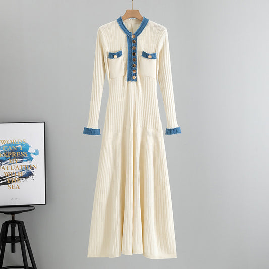 Women's Elegant Denim Stitching Contrast Color Long Dresses