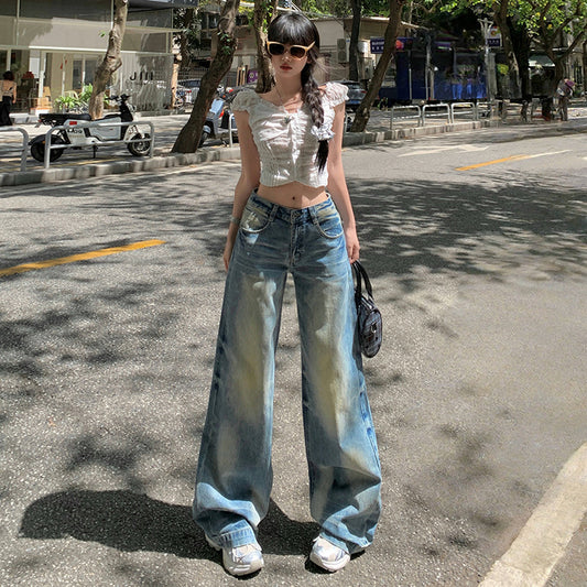 American Style Nostalgic Yellow Washed Straight Jeans