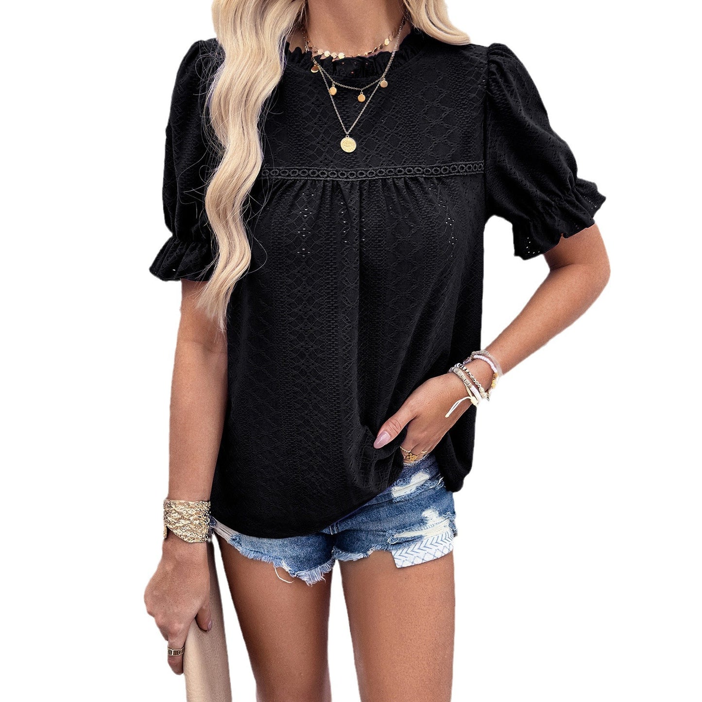 Women's T-shirt Casual Solid Color Sleeve Hollow Blouses