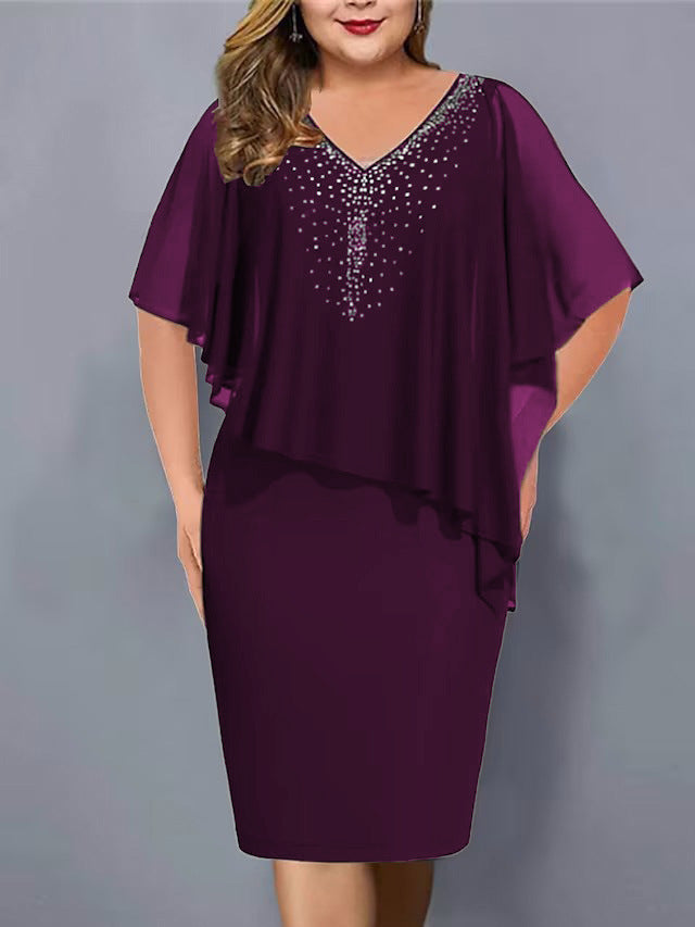 Women's Chiffon Stitching Rhinestone Irregular Half Sleeve Dresses