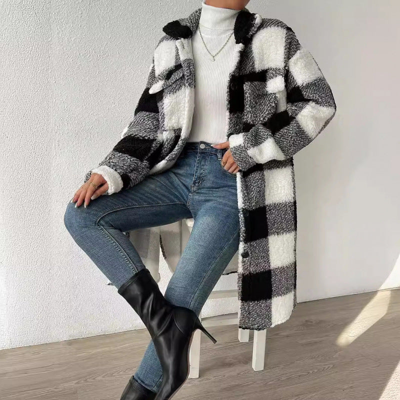 Women's Button Lapel Plush Plaid Loose Temperament Coats