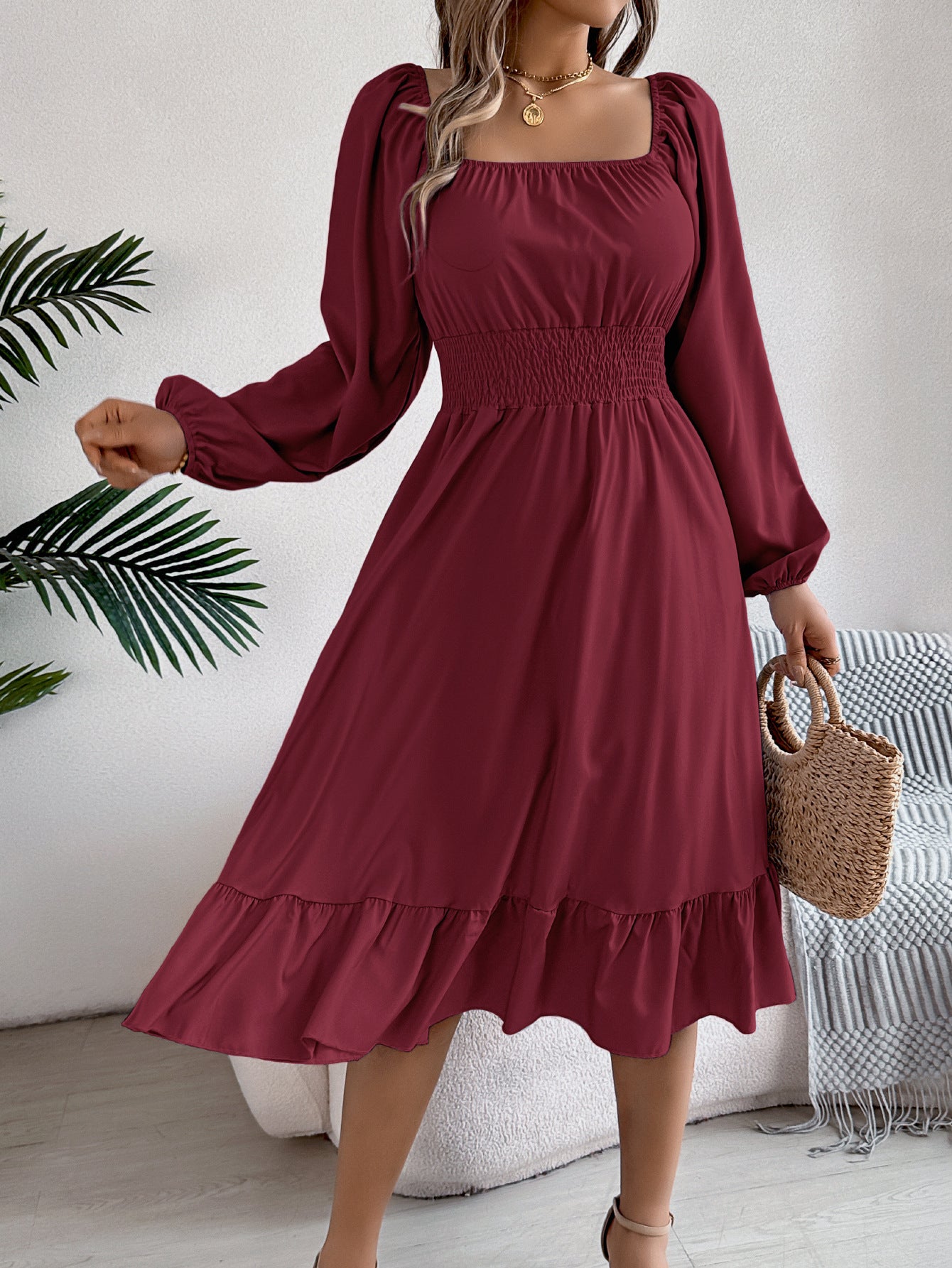 Women's Color Square Collar Long Sleeve Waist Trimming Clothing