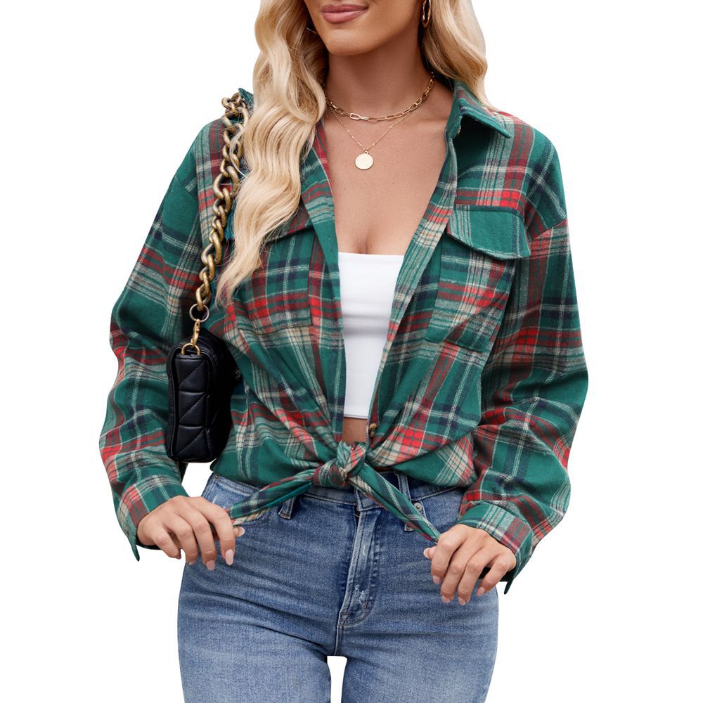 Women's Casual Fashion Loose Plaid Pocket Shirt Blouses