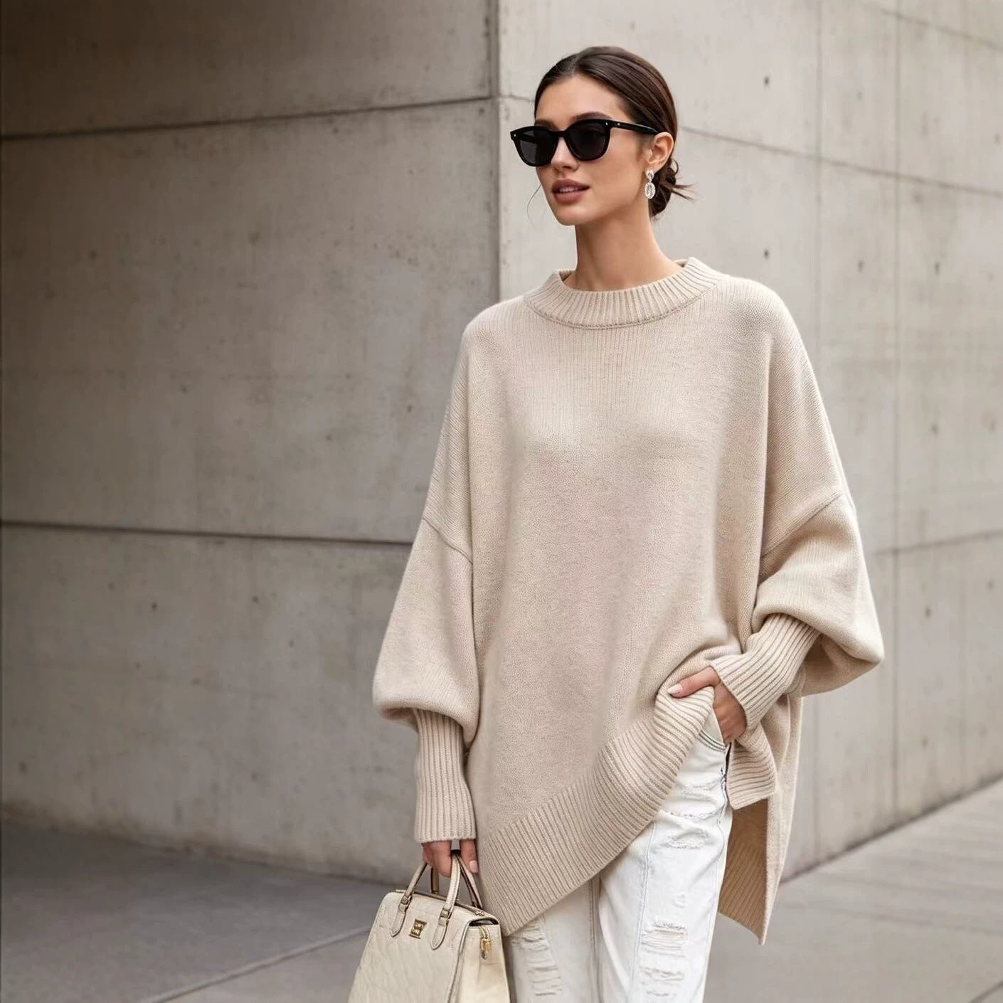 Women's Neck Pullover Loose Lazy Style Solid Women's Sweater