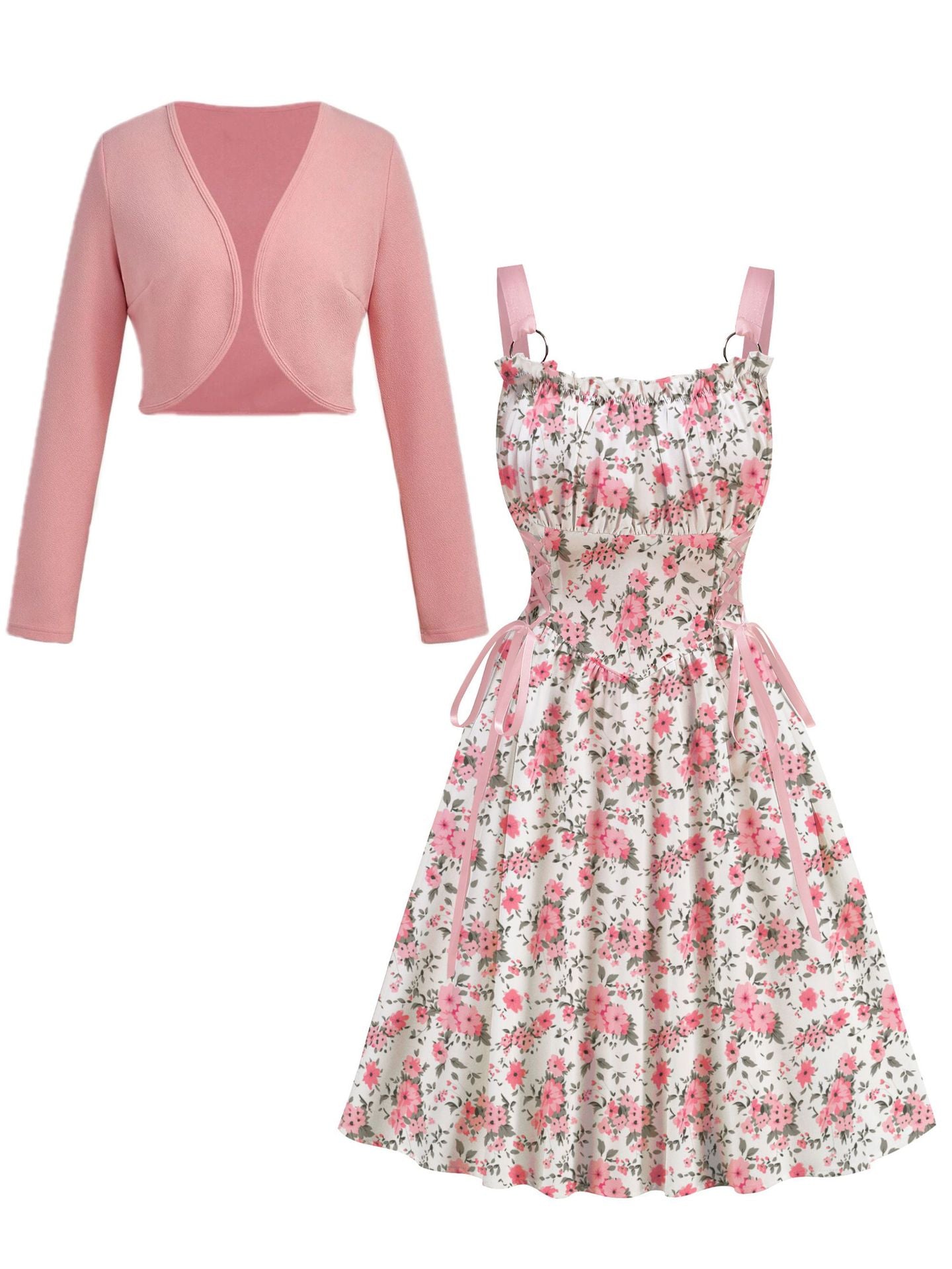 Women's Metal Ring Drawstring Elegant Printed Dress Two-piece Cardigans