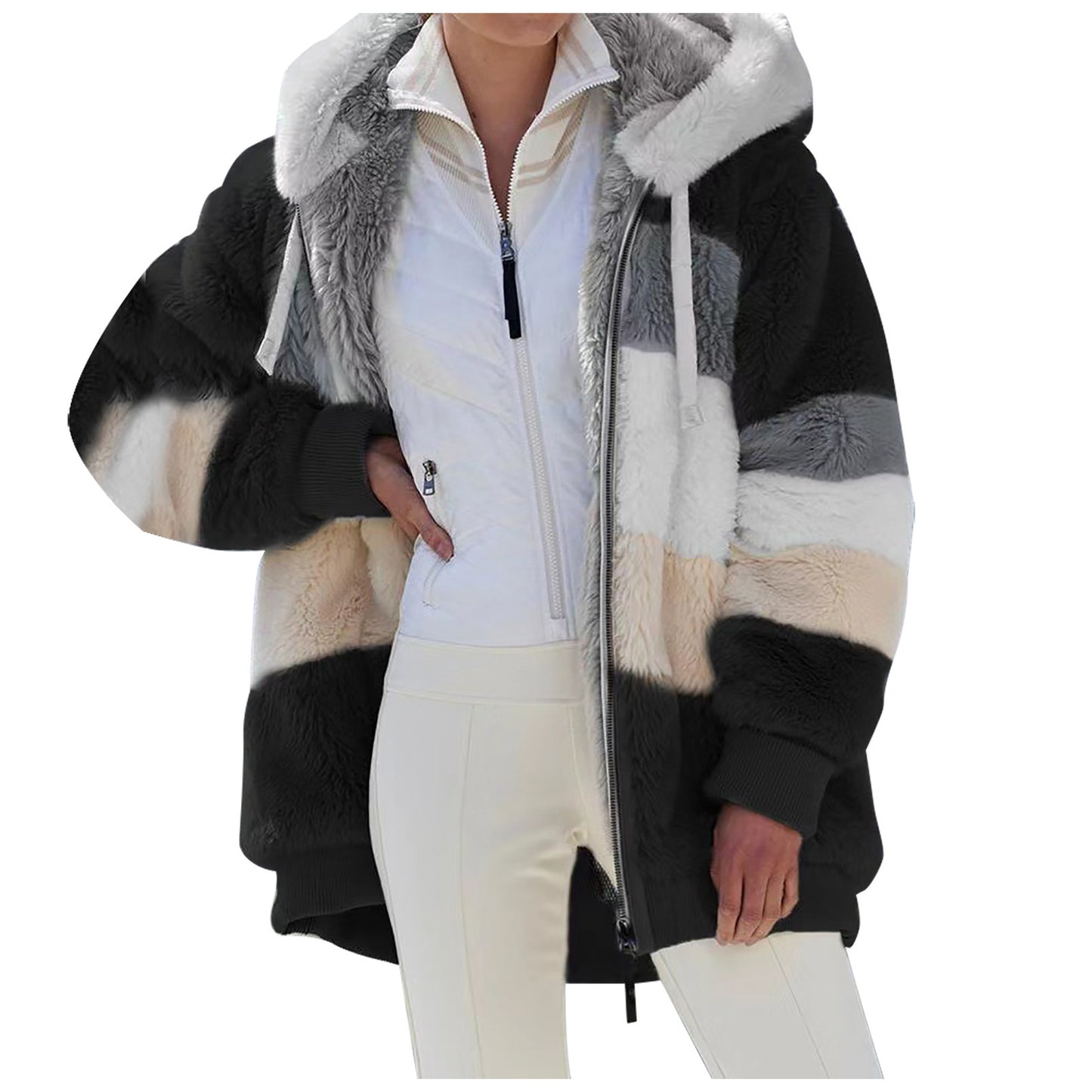 Women's Warm Plush Patchwork Zipper Pocket Hooded Coats