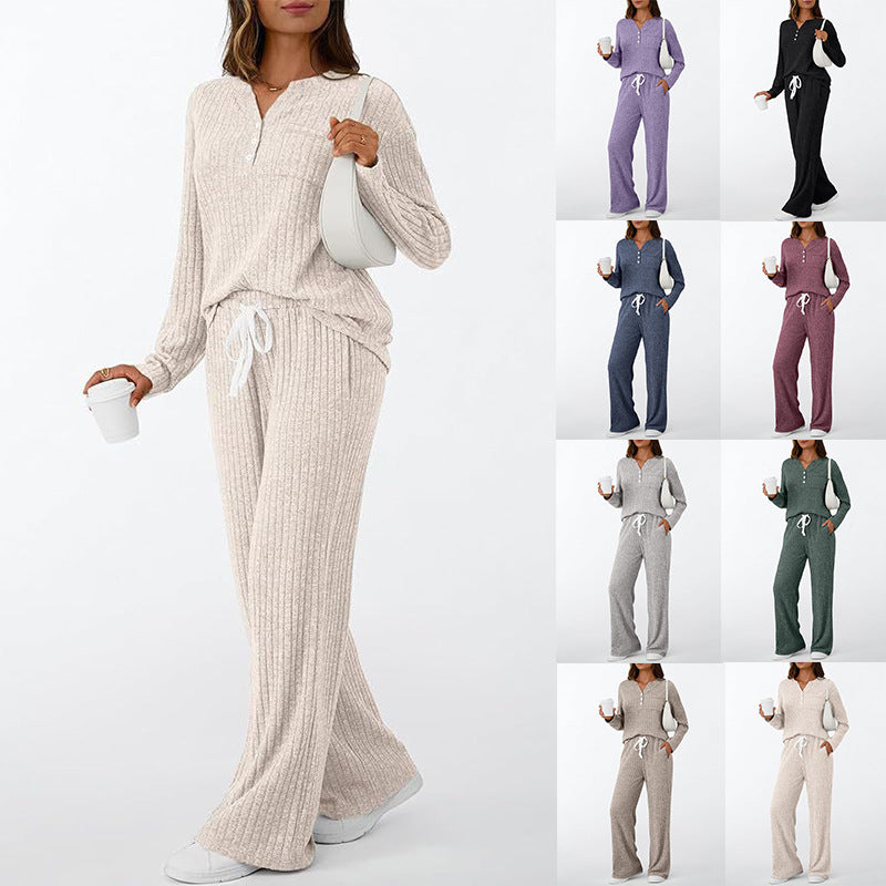 Women's Sunken Stripe Brushed Outerwear Home Pajamas Fashion Casual Suit