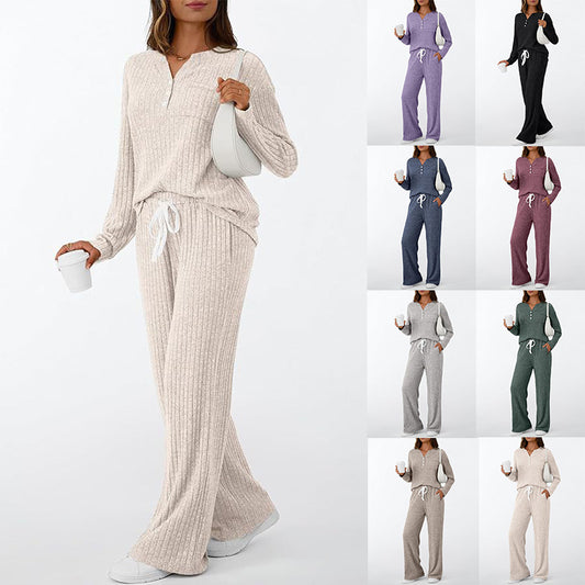 Women's Sunken Stripe Brushed Outerwear Home Pajamas Fashion Casual Suit