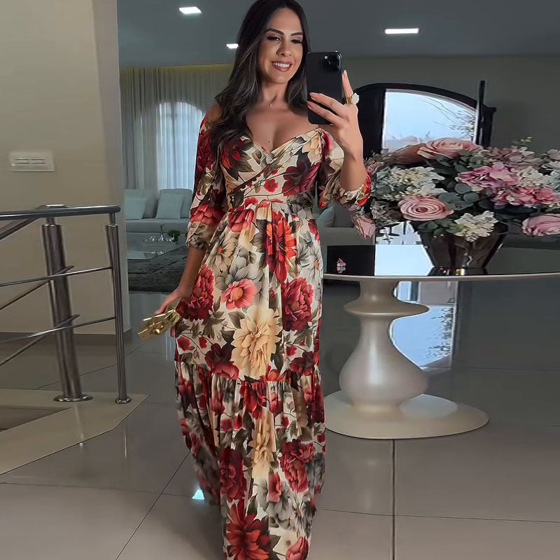 Women's Autumn Elegant Fashion Printed Half Sleeve Large Dresses