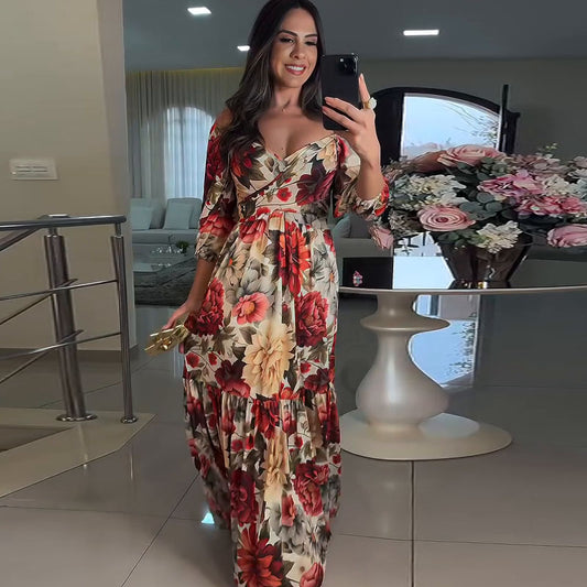 Women's Autumn Elegant Fashion Printed Half Sleeve Large Dresses