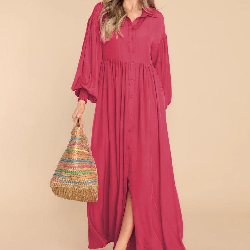 Women's Color Buttons Lapel Pleated Long Sleeve Dresses