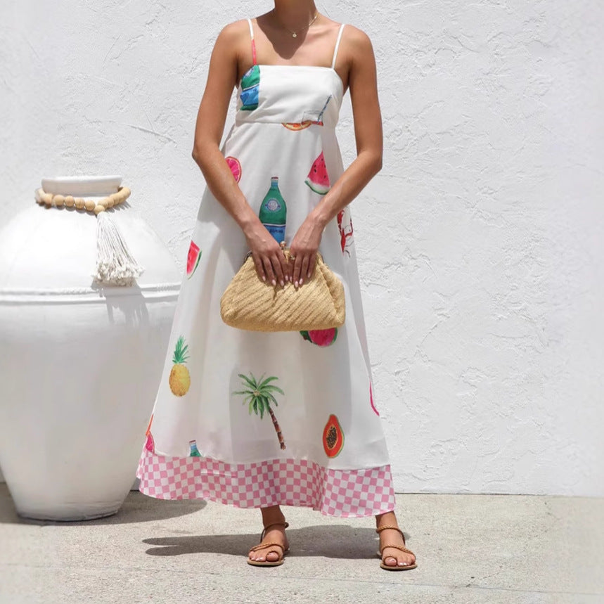 Women's Casual Vacation Style Printed Sling High Waist Big Dress