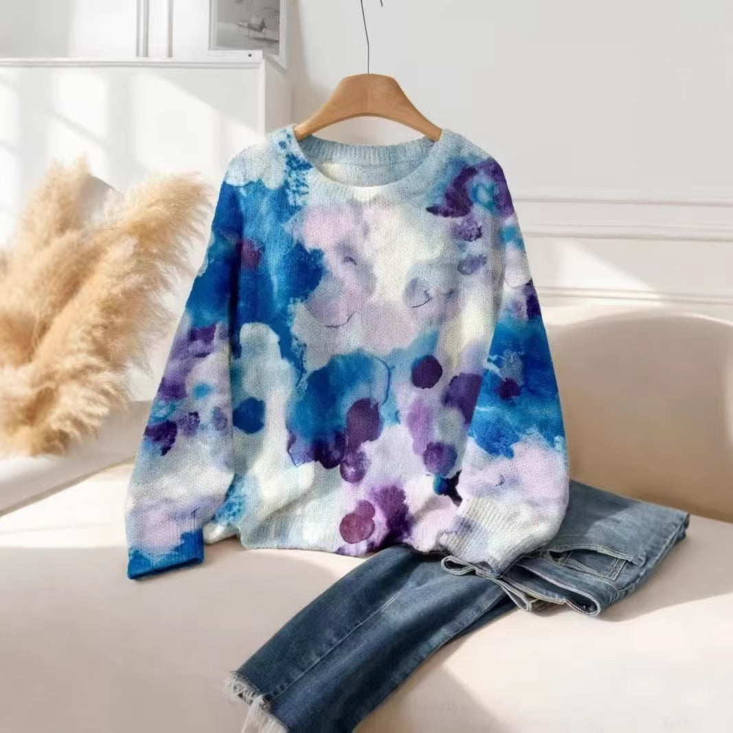 Women's Fashion Floral Print Casual Elegant Wear Match Round Neck Knitwear
