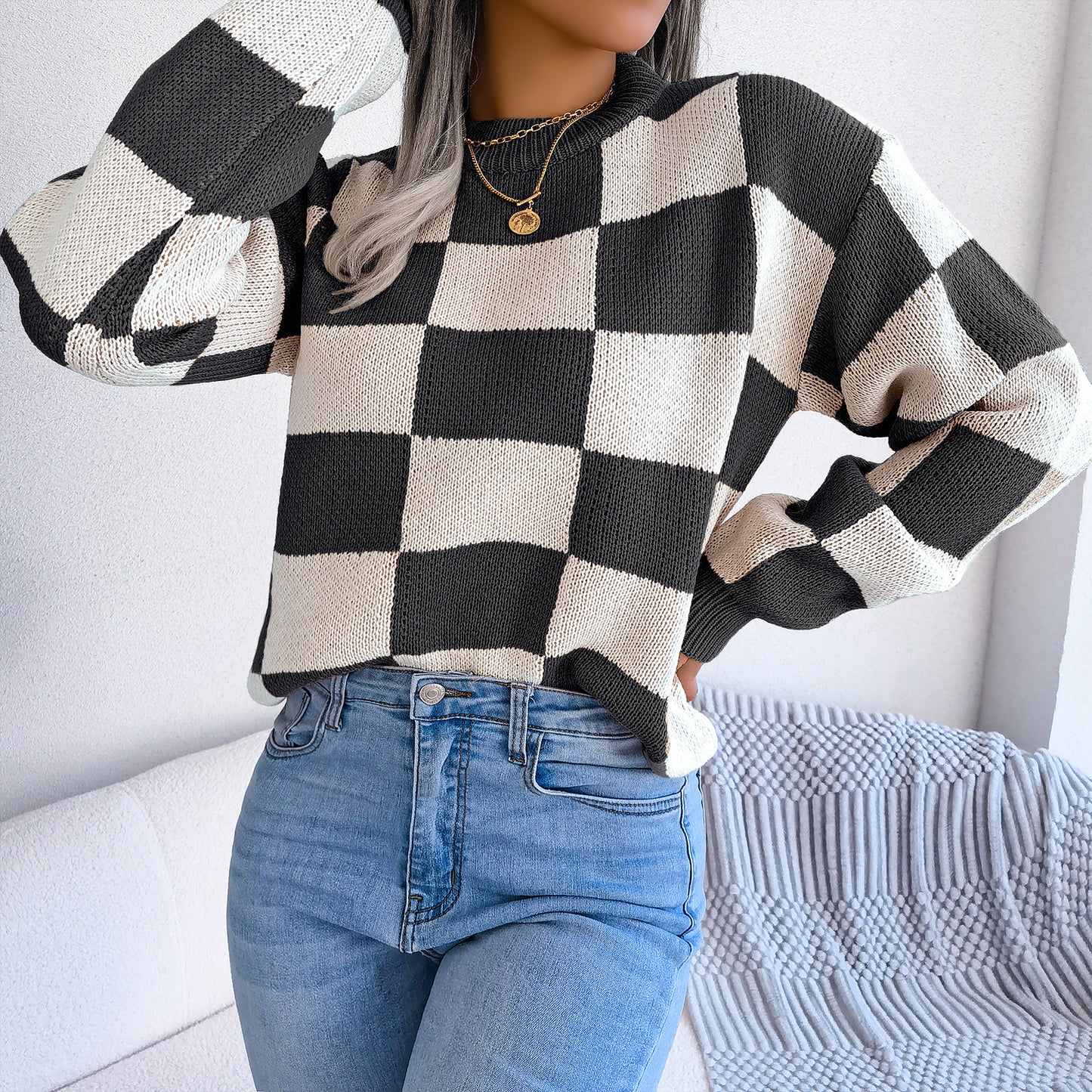 Women's Street Style Check Long Sleeve Pullover Sweater